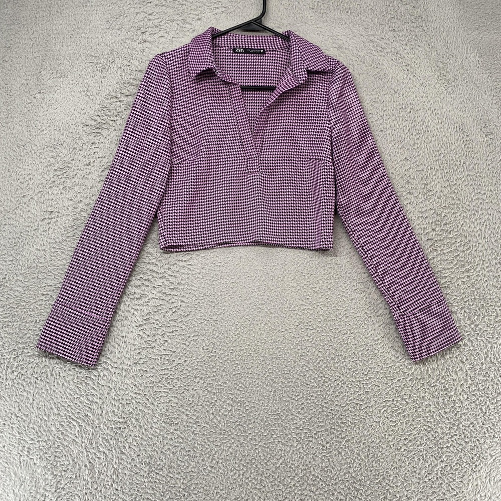 Zara Crop Polo Shirt Womens Small Houndstooth Collared Long Sleeve Top Checker